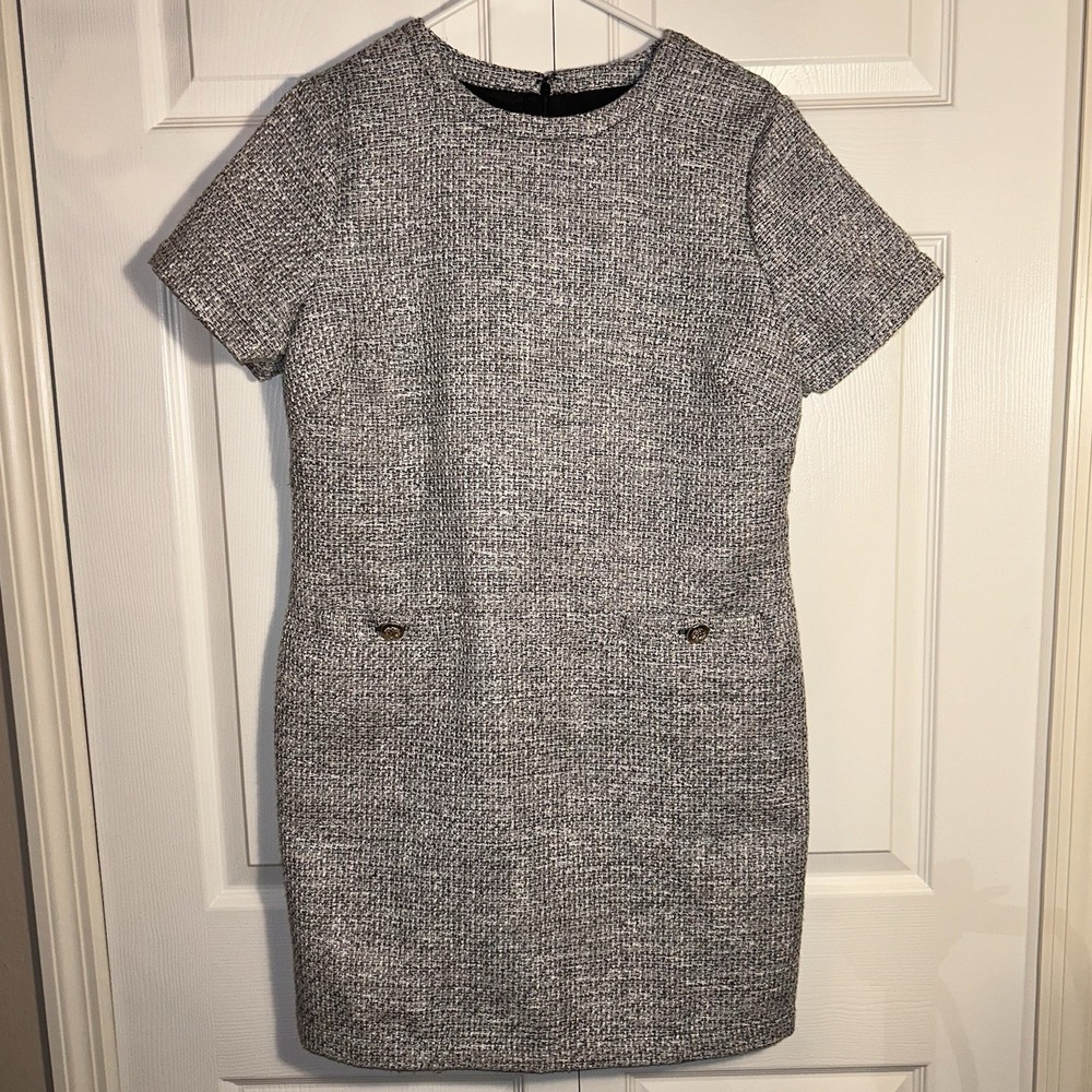 LOFT CorpCore Office Siren Black White Tweed Short Sleeve Sheath Dress 6